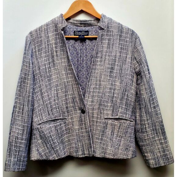 LUCKY BRAND Blazer Navy/Ivory Nubby Txtr Tweed Lined Button Close WOM MED Jacket - Picture 2 of 10